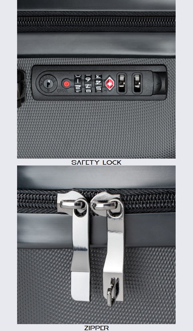 May include: Close-up of a black suitcase with a combination lock and a zipper. The lock has a red button and the numbers 1-4. The zipper is silver and has a black pull tab.