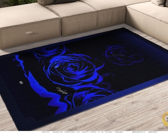 Blue Floral Area Rug, Rose Floral Carpet, Chenille Rug, Bedroom Carpet, Blue Rose Area Rug, Floral Print Carpet, Floral Home Décor | 10003A