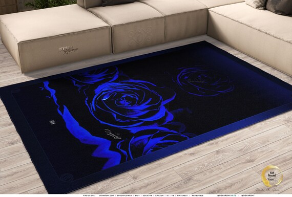 Blue Floral Area Rug Rose Floral Carpet Chenille Bedroom Rugs in 3 sizes  | 10003A