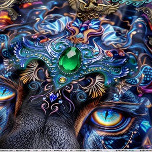 May include: Close-up of a digital art print featuring a majestic lion's face with striking blue eyes. The lion is adorned with ornate, jewel-encrusted headwear in shades of blue, green, and gold. The artwork has a fantasy theme.