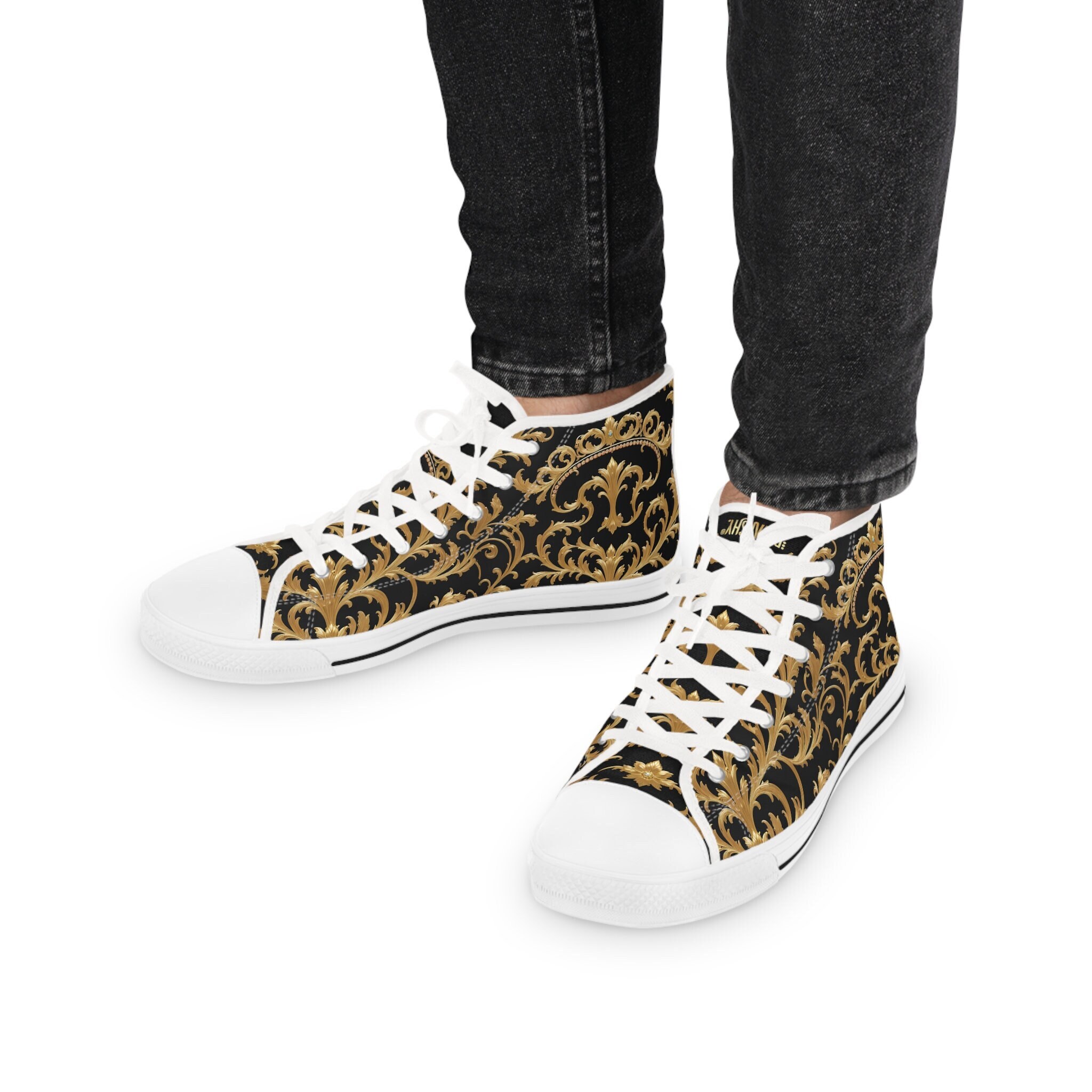 Black Gold Shoes Men High Top Sneakers Black White Canvas Shoes Golden Baroque Shoes 00019 Etsy UK