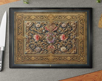 Ornate Gold Floral Glass Cutting Board, Baroque Kitchen Accessory, Cutting Surface, Decorative Kitchenware, Tempered Glass Chopping Board