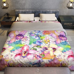 Watercolor Florals 100% Cotton Sateen Duvet Cover with Zipper | King, Queen, Full, Twin Floral Print Duvet Cover | RB0091