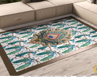 Peacock Pattern Rug, Gold medallion Carpet, Chenille Area Rug, Blue Peacock Print Carpet, Home Décor Area Rug, Bedroom Carpet | 104985