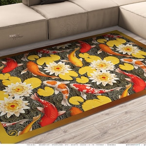 Japanese Koi Fish Area Rug Fish and Florals Carpet Chenille Bedroom Rug in 3 Sizes | D20017