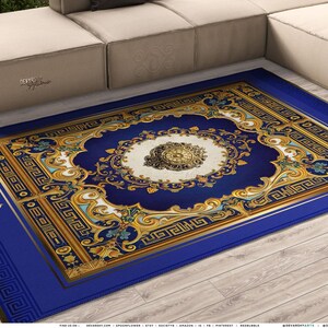 Royal Blue Area Rug, Baroque Blue Carpet, Printed Area Rug, Bedroom Carpet, Chenille Area Rug, Ornate Blue Carpet