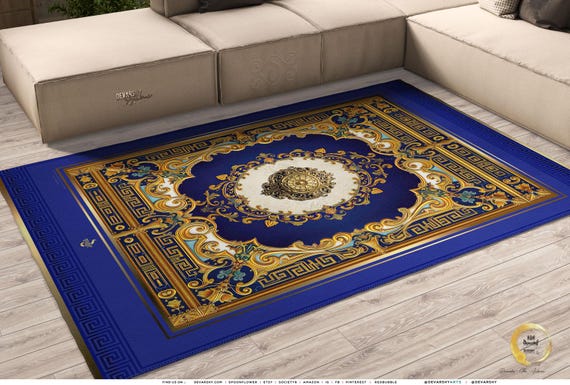 Royal Blue Area Rug, Baroque Blue Carpet, Printed Area Rug, Bedroom Carpet, Chenille Area Rug, Ornate Blue Carpet - 104927