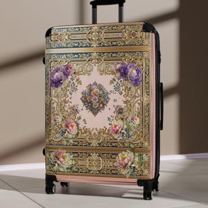 Florals Pink Suitcase, Baroque Luggage, Floral Travel Luggage, Holiday Best Gift, Hard Shell Suitcase, Purple Florals Suitcase | 104945