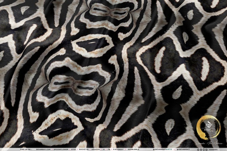 May include: Close-up of a fabric with a black and white zebra stripe pattern. The design features bold, irregular stripes, creating a striking visual texture. The fabric appears to have a soft, slightly textured surface.