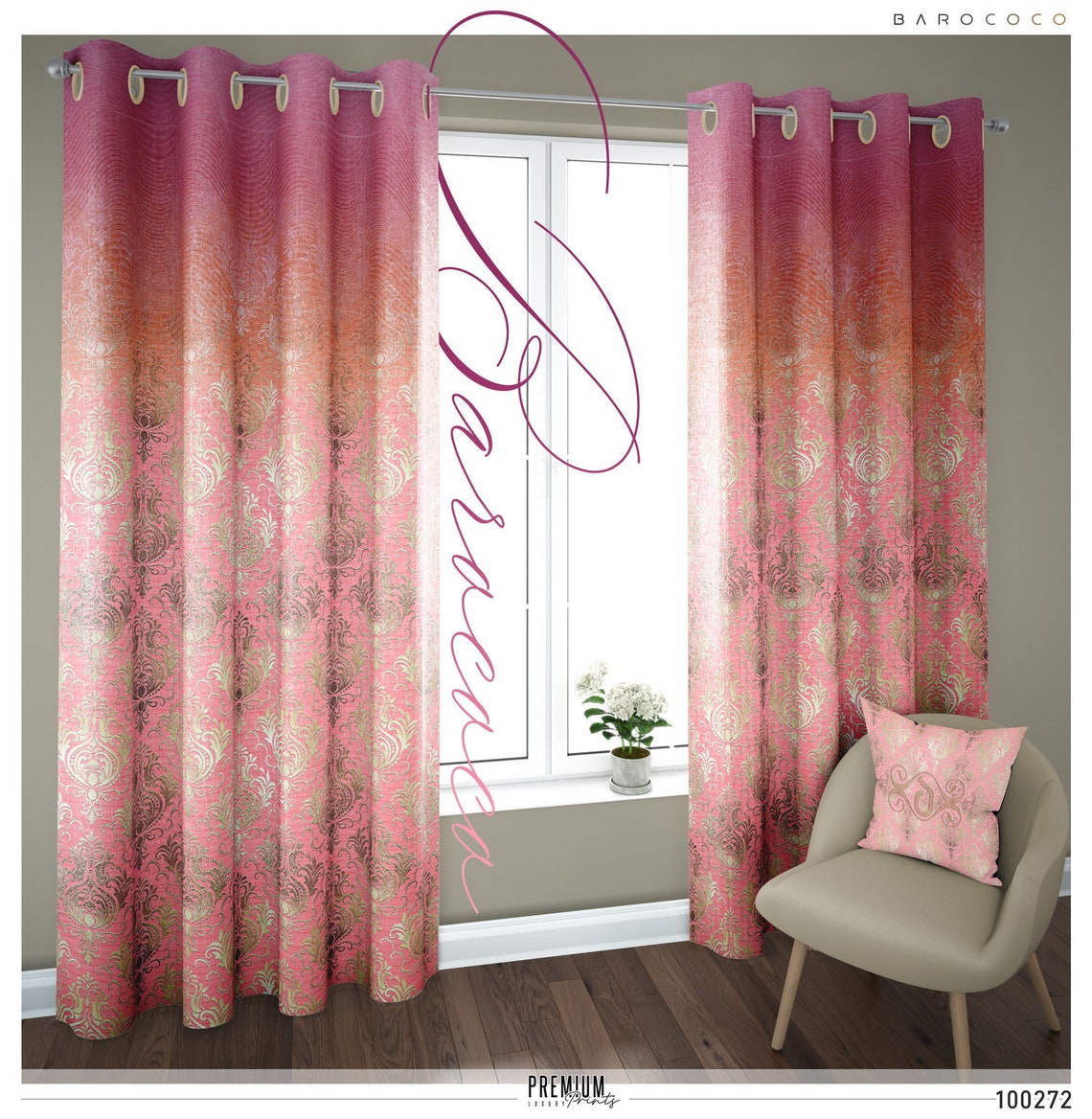 Decorative Damask Pink PREMIUM Curtain Panel. Available on 12 Etsy UK