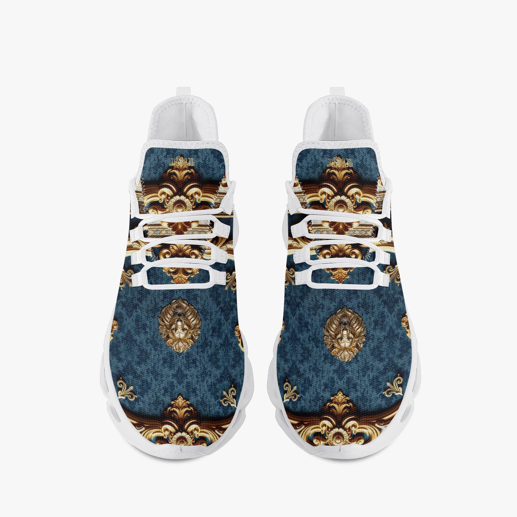 Zapatillas de malla barroca azul, zapatillas Bounce, zapatillas de baloncesto, zapatillas con medallón de león, zapatillas azules y doradas, zapatilla
