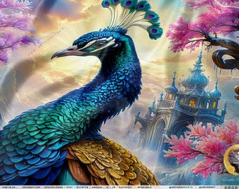 Majestic Peacock Fabric Panel, Combed Cotton PIMA Fabric by the Yard, Spun Poly Fabric, Peacock Print Panel, Decor/Quilting Fabric | 104966