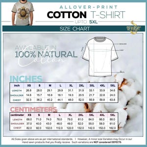 May include: A size chart for an allover-print cotton t-shirt, featuring a line drawing of a t-shirt with labels for shoulder, chest, sleeve, and length. It includes two tables listing measurements in inches and centimeters for sizes XS to 5XL.