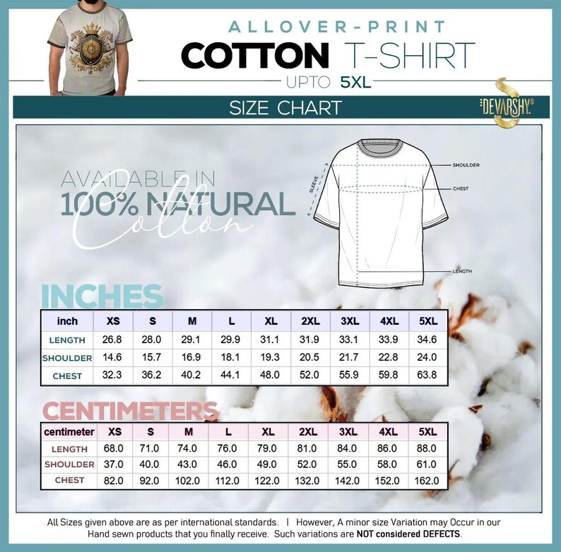 May include: A size chart for an allover-print cotton t-shirt, featuring a line drawing of a t-shirt with labels for shoulder, chest, sleeve, and length. It includes two tables listing measurements in inches and centimeters for sizes XS to 5XL.