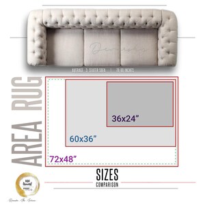 May include: A beige tufted three-seater sofa positioned above a size comparison chart for area rugs. The chart displays three rectangular outlines labeled with dimensions 36x24 inches, 60x36 inches, and 72x48 inches, illustrating relative rug sizes.