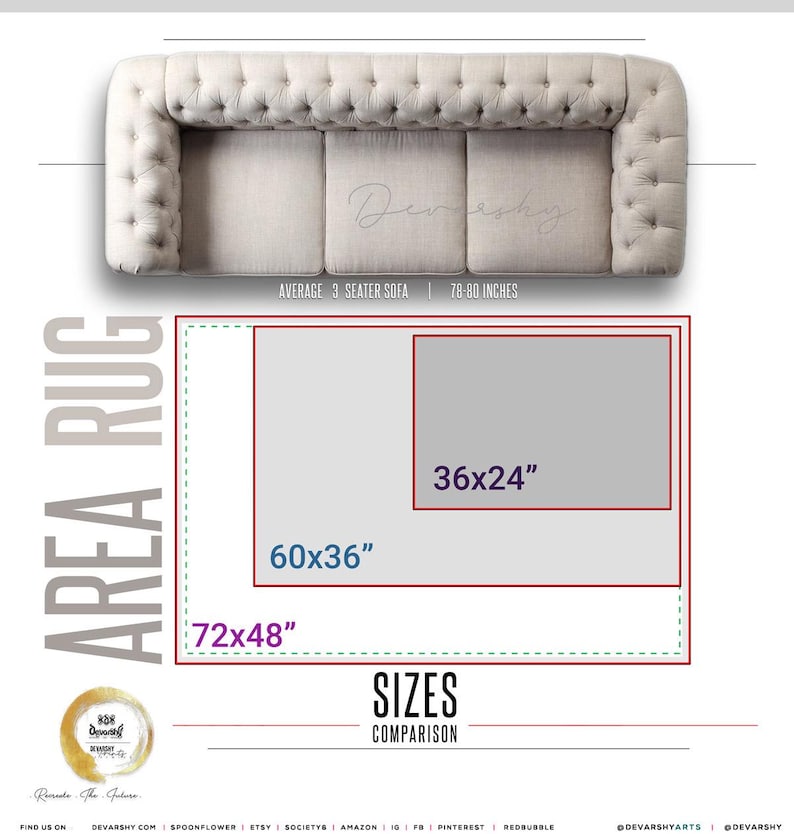 May include: A beige tufted three-seater sofa positioned above a size comparison chart for area rugs. The chart displays three rectangular outlines labeled with dimensions 36x24 inches, 60x36 inches, and 72x48 inches, illustrating relative rug sizes.
