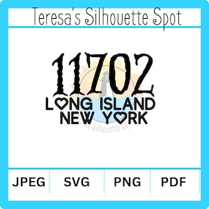 Puede incluir: Diseño gráfico en blanco y negro con el texto "11702 Long Island New York" con un símbolo de corazón que reemplaza la "O" en "Long" y "York".