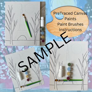 May include: A paint-by-numbers kit featuring a pre-traced canvas of the Eiffel Tower with trees on either side. The kit includes paints, paint brushes, and instructions. The canvas is white with black outlines. The paints are in small bottles and tubes. The paint brushes are in a variety of sizes. The instructions are printed on a sheet of paper.