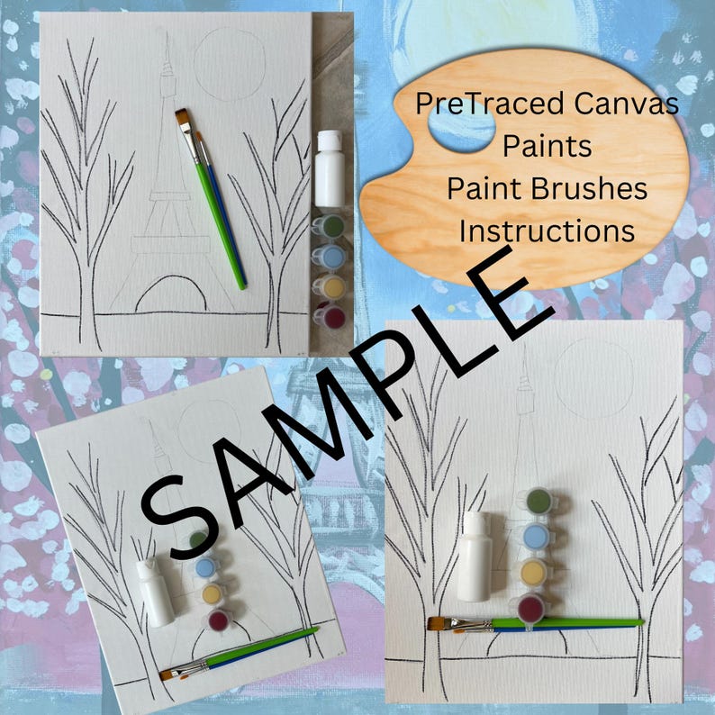 May include: A paint-by-numbers kit featuring a pre-traced canvas of the Eiffel Tower with trees on either side. The kit includes paints, paint brushes, and instructions. The canvas is white with black outlines. The paints are in small bottles and tubes. The paint brushes are in a variety of sizes. The instructions are printed on a sheet of paper.