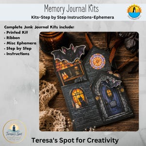 Könnte beinhalten: Ein Junk-Journal-Bastelset zum Thema Halloween mit einer Papierhausstruktur, die Illustrationen von einer schwarzen Katze, einem Geist, Fledermäusen und Zuckermais zeigt. Das Set enthält gedruckte Materialien, Bänder und diverses Ephemera-Zubehör.