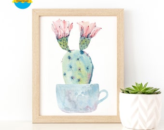Succulent Watercolor Art Print: Cactus in Teacup (Digital Download)