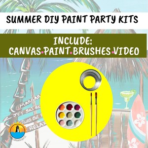 May include: Summer DIY paint party kit with a yellow background. The kit includes a canvas, paint, brushes, and a video tutorial. The paint is in a round palette with 10 colors. The brushes are wooden with red and white bristles. The canvas is wrapped in a silver roll.