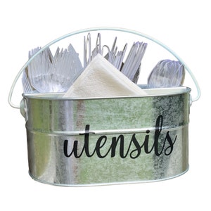 Galvanized Metal Utensil Caddy: BBQ Party Organizer (9.5 in x 6.75 in)