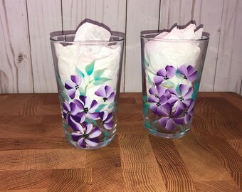 Hand Painted Wildflower Pint Glasses: Purple & Teal, Set of 2