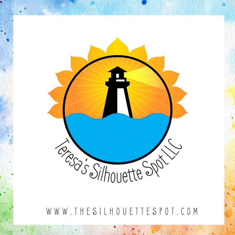 May include: A logo for a business called "Teresa's Silhouette Spot LLC" featuring a lighthouse with a beam of light shining from the top, set against a yellow sun with rays and a blue ocean.