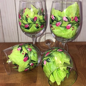 Hand Painted Rose Bud Wine Glasses - Stemmed Spring Decor (Set of 4)