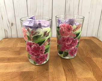 Hand Painted Wildflower Pint Glasses: Pink & Green Floral, Set of 2