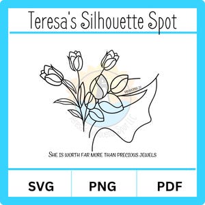 Può includere: Un'illustrazione in bianco e nero di una linea d'arte di un viso di donna con un mazzo di fiori. Il testo "PROVERBS 31" e "SHE IS WORTH FAR MORE THAN PRECIOUS JEWELS" sono inclusi nell'immagine.