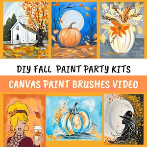 May include: DIY Fall Paint Party Kits -  A collage of six different fall-themed paintings, including a church, pumpkins, and a woman with a coffee cup. The text "DIY Fall Paint Party Kits" and "Canvas Paint Brushes Video" is displayed on the collage.