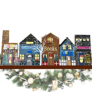 Hand Painted Wood Christmas Village: New England Town Shelf Sitter