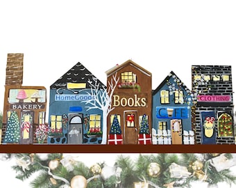 Hand Painted Wood Christmas Village: New England Town Shelf Sitter
