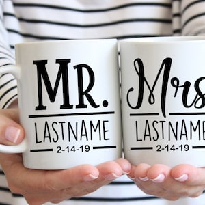 Personalized Mr. & Mrs. Wedding Mugs, Couple Gift image 1