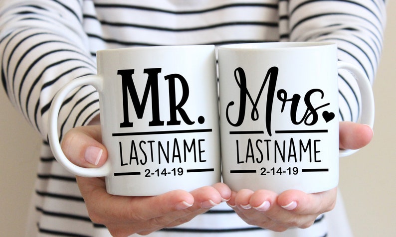 Personalized Mr. & Mrs. Wedding Mugs, Couple Gift image 1