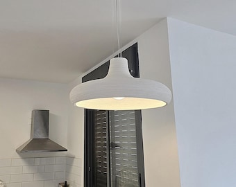 Handmade Ceramic Pendant Light: Carved Texture, Off White Lampshade
