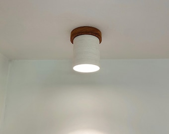 Handmade Ceramic Flush Mount Ceiling Light - Carved Texture, Wood Canopy