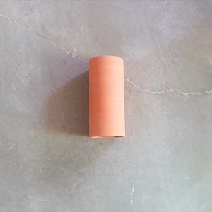 May include: A rolled up piece of terracotta-colored material on a gray concrete surface.