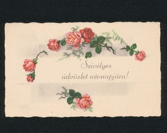 Unused Antique 1930s Hungarian Name Day Angel Day Névnap Greeting Card Roses Art Gift Card