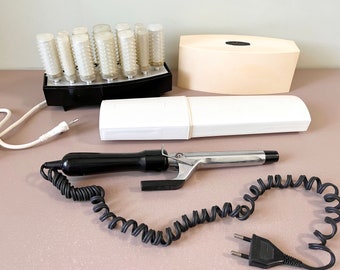 Sovjet HairStyling Tools: Vintage USSR Lokon-6 elektrische haarkrultang & Lokon-B121 Hot Roller Set, Локон, reiskoffer