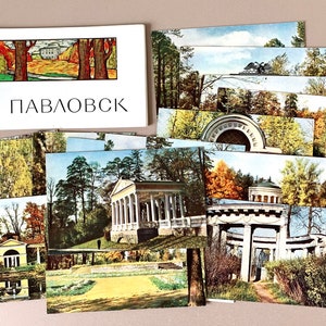 Conjunto de cartões postais - Palácio de Pavlovsk, São Petersburgo soviética - 16 cartões postais de viagens, férias e soviéticos de 1965 Leningrado - Павловськ URSS