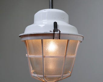 Industrial Pendant Light Vintage Czechoslovakian White Enamel Cast Aluminum Retro Factory Lamp 1970s