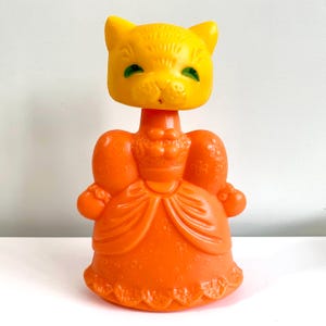 Cat Mom in Dress Squeak Toy Doll Red & Orange Vintage Soviet Plastic Cartoon Doll USSR Nursery Room Decor