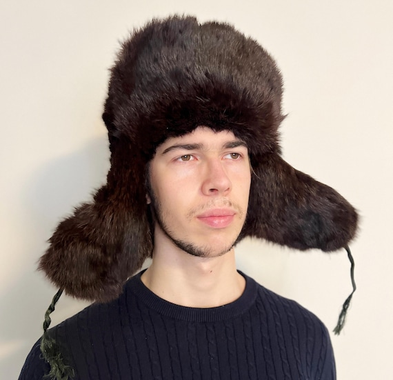 ヴィンテージ ウシャンカ 本物の黒ウサギの毛皮 ロシア トラッパー