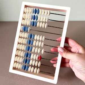 Puede incluir: Un ábaco vintage con un marco rosa claro y filas de cuentas blancas, azules y rojas. Las cuentas están en varillas de metal. El ábaco está sostenido por una persona.