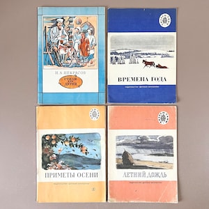4x Libros infantiles soviéticos ilustrados sobre las estaciones Historias de la URSS en idioma ruso de los escritores rusos N. Nekrasov, Signos de otoño
