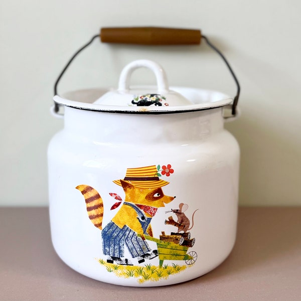 Cartoon Raccoon & Mouse Art Enamelware Soviet Milk Jug Can Vintage Bidon USSR Enamelware Kitchenware Planter Home Decor