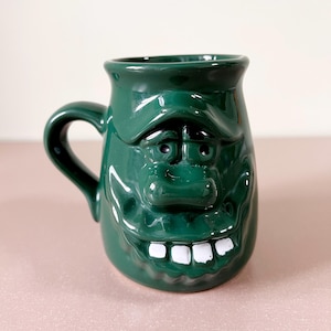 Vintage Green Pottery Mug: 1980s Funny Face Ceramic Cup